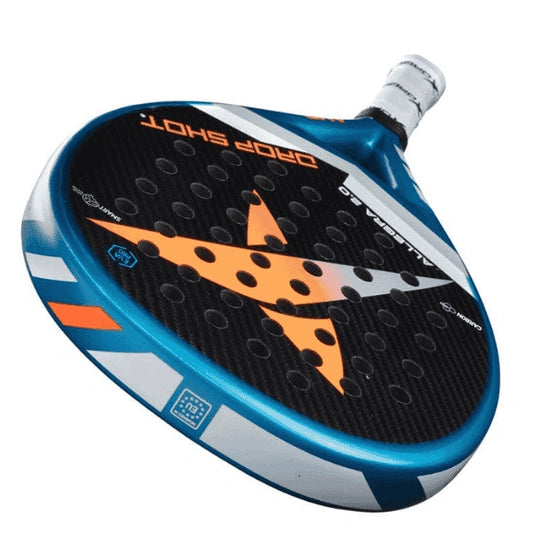Padel with blue, orange, and black design on a white background