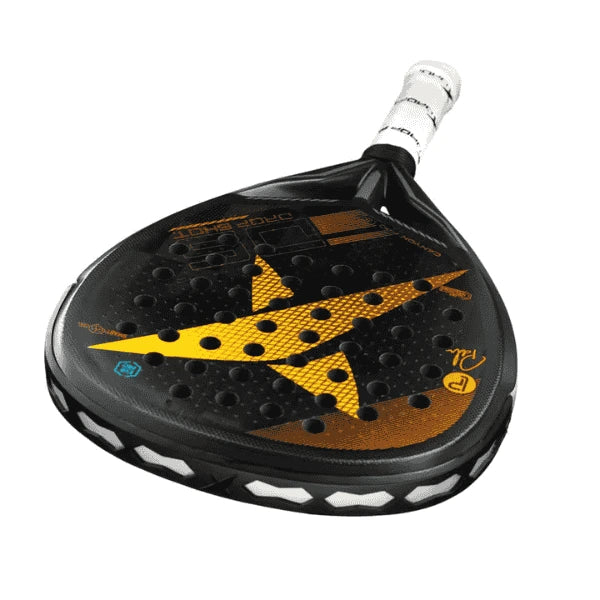 Padel with black and yellow design on a white background