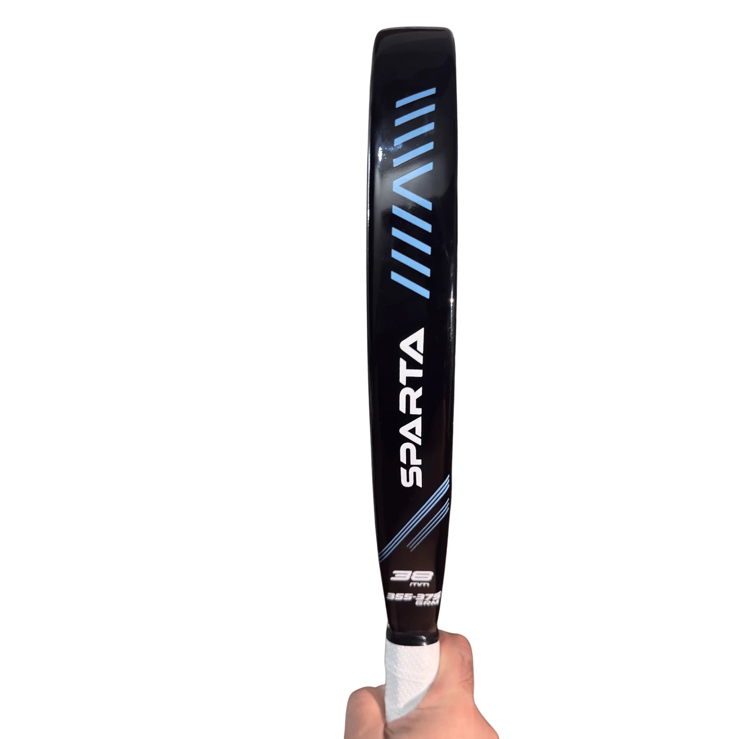 Black and blue Sparta baseball bat held by a hand on a white background