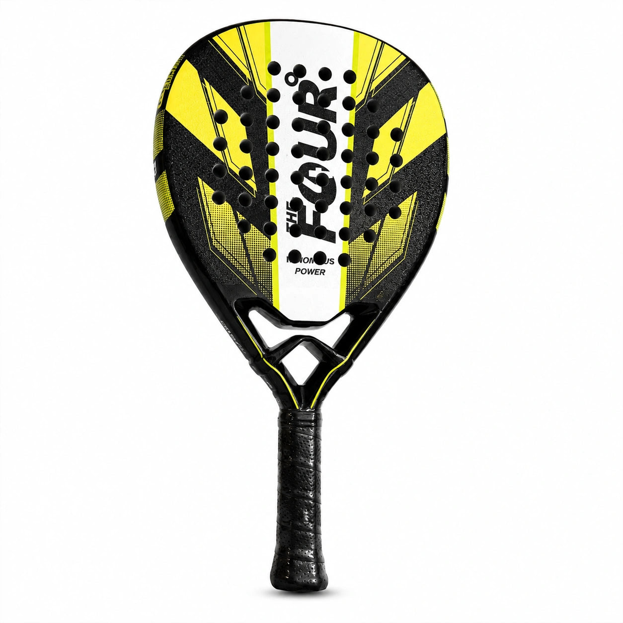 The four degree paddle with black and yellow design on a white background