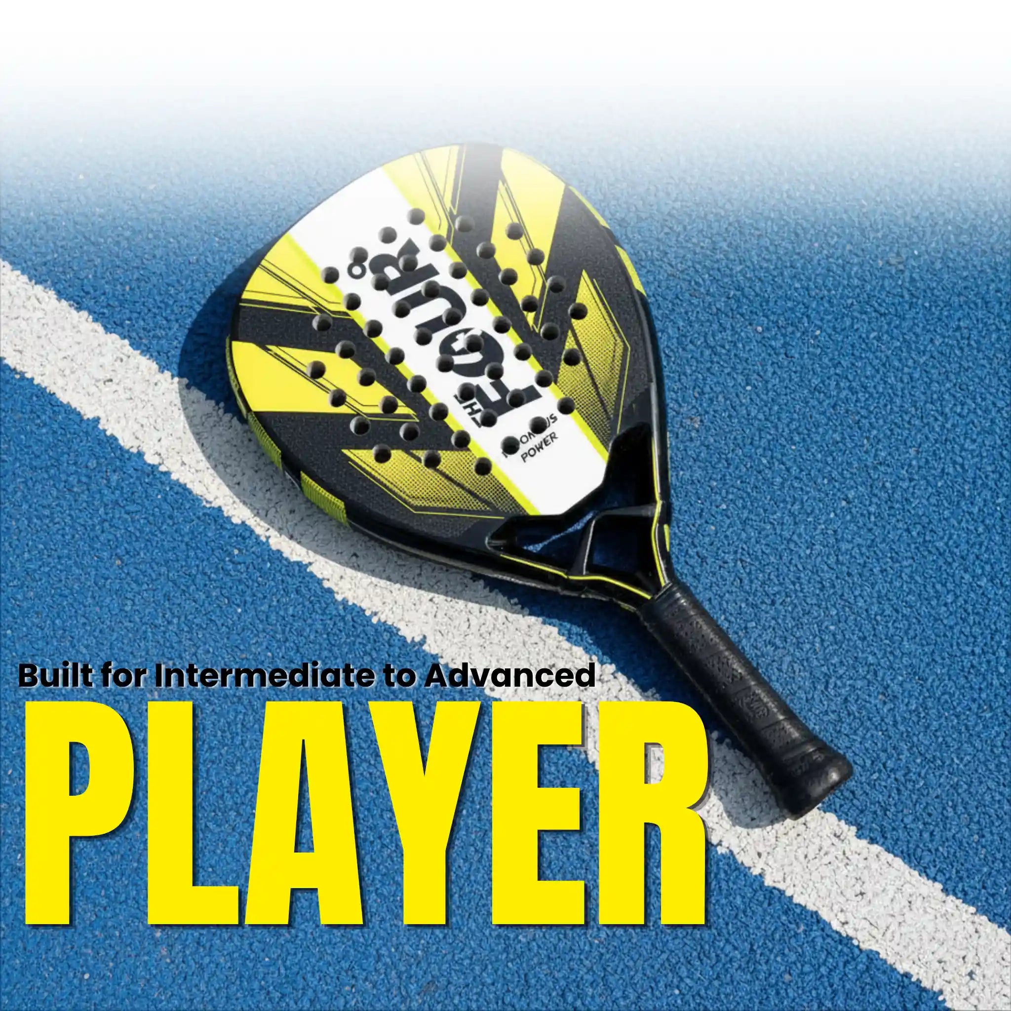 the four degree Padel on the floor with text indicating it's built for intermediate to advanced players.