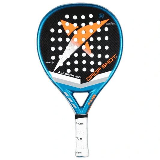 Padel racket with blue and orange design on a white background