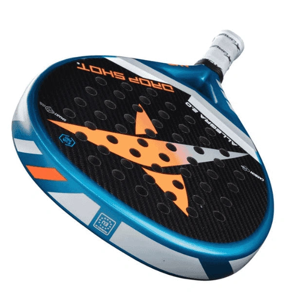 Padel with blue, orange, and black design on a white background
