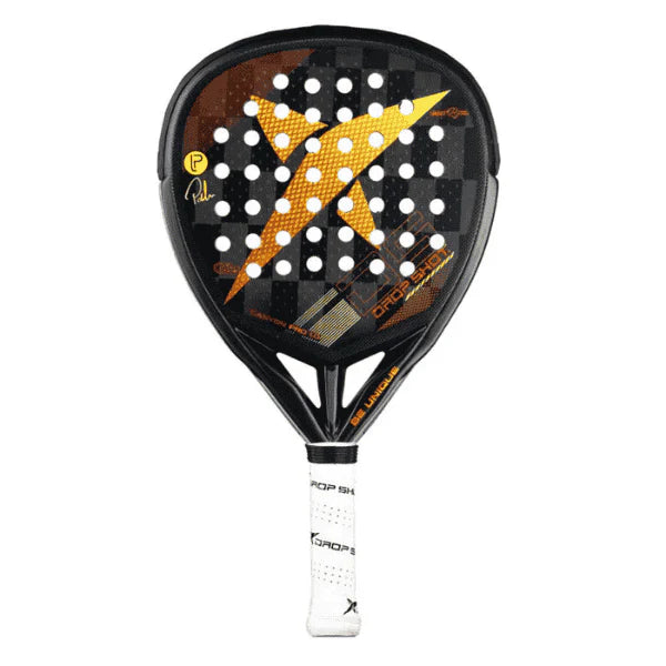 Padel racket with black and yellow design on a white background