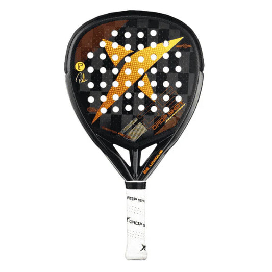 Padel racket with black and yellow design on a white background