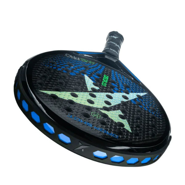 padel with black and blue design on a white background