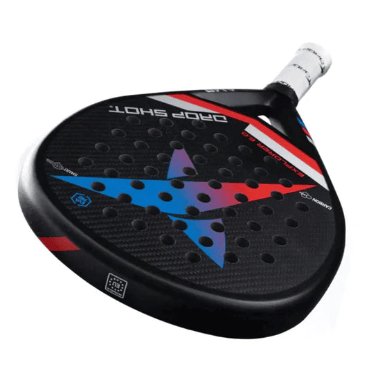 Padel racket with black surface, red and blue design on a white background