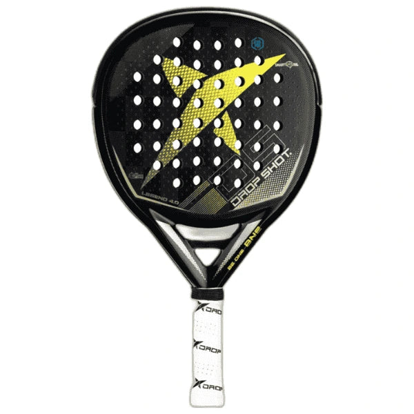 Padel racket with black and yellow design on a white background