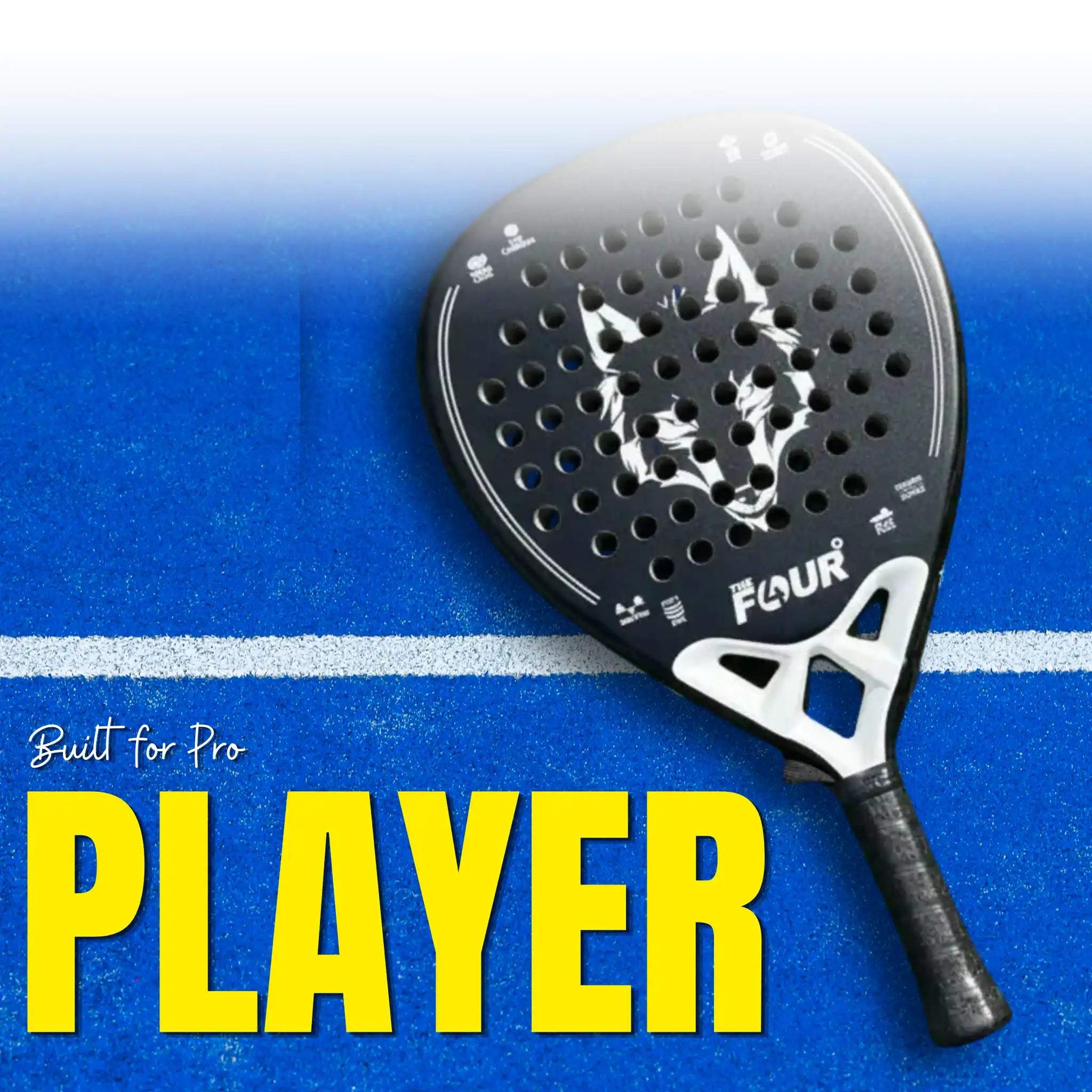 The four Degree Padel with brand logo on a blue background with text 'Built for Pro PLAYER'.