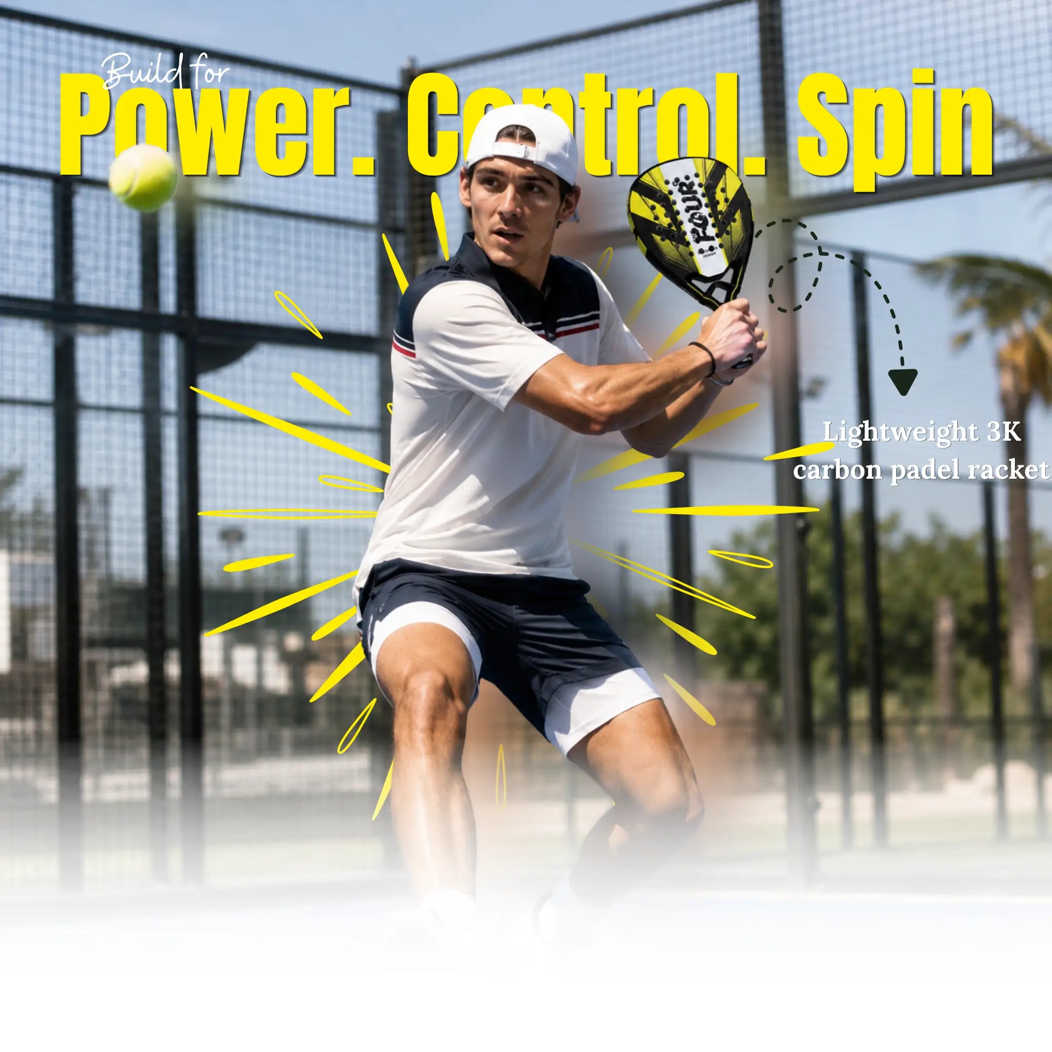 Person playing padel(the four degree brand ) with text about racket features on a blurred background