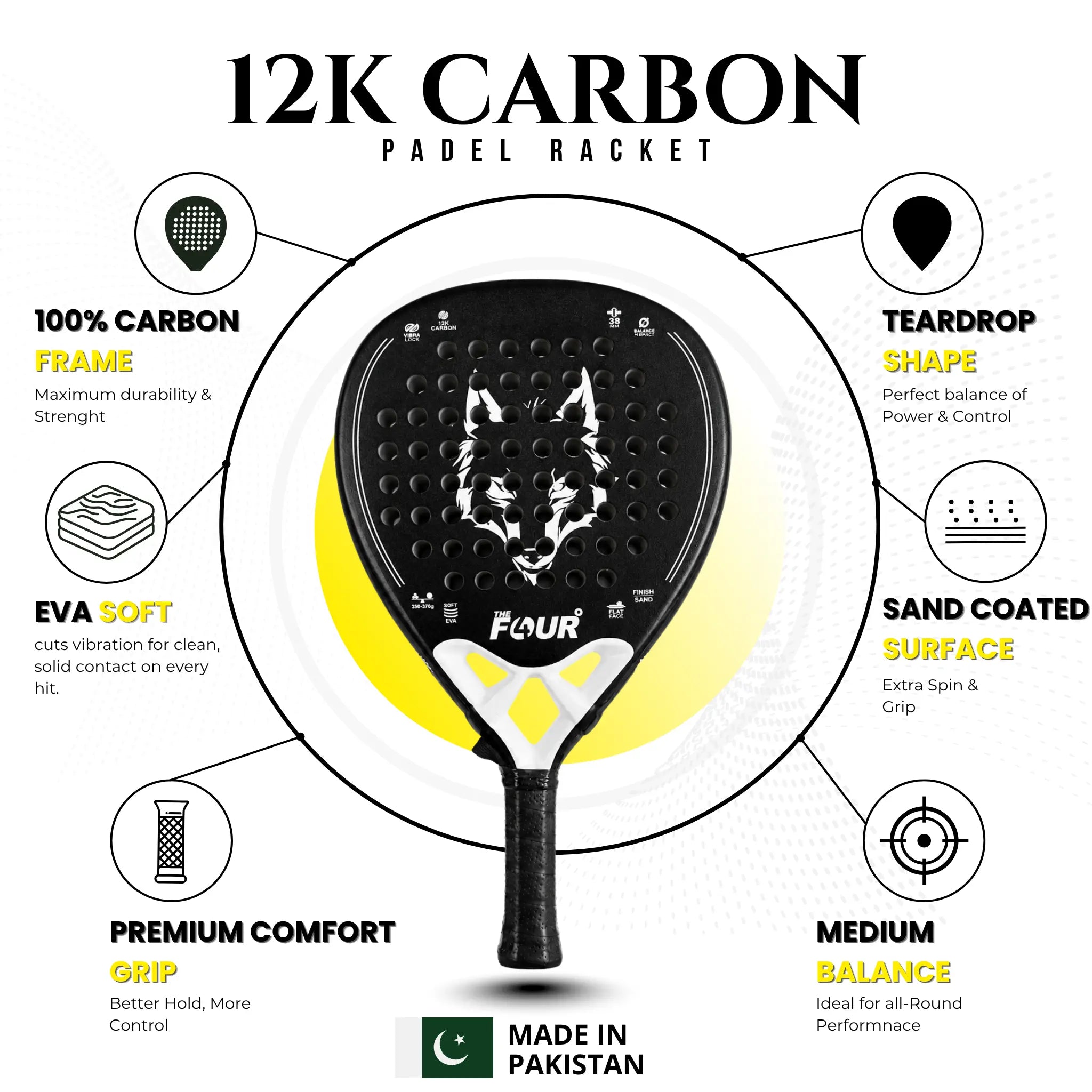 the four degree 12K Carbon Padel Racket with features highlighted on a white background