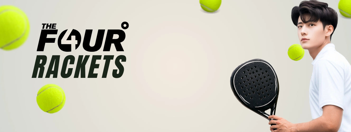 Person holding a Padel racket with 'The Four Rackets' branding and tennis balls around.