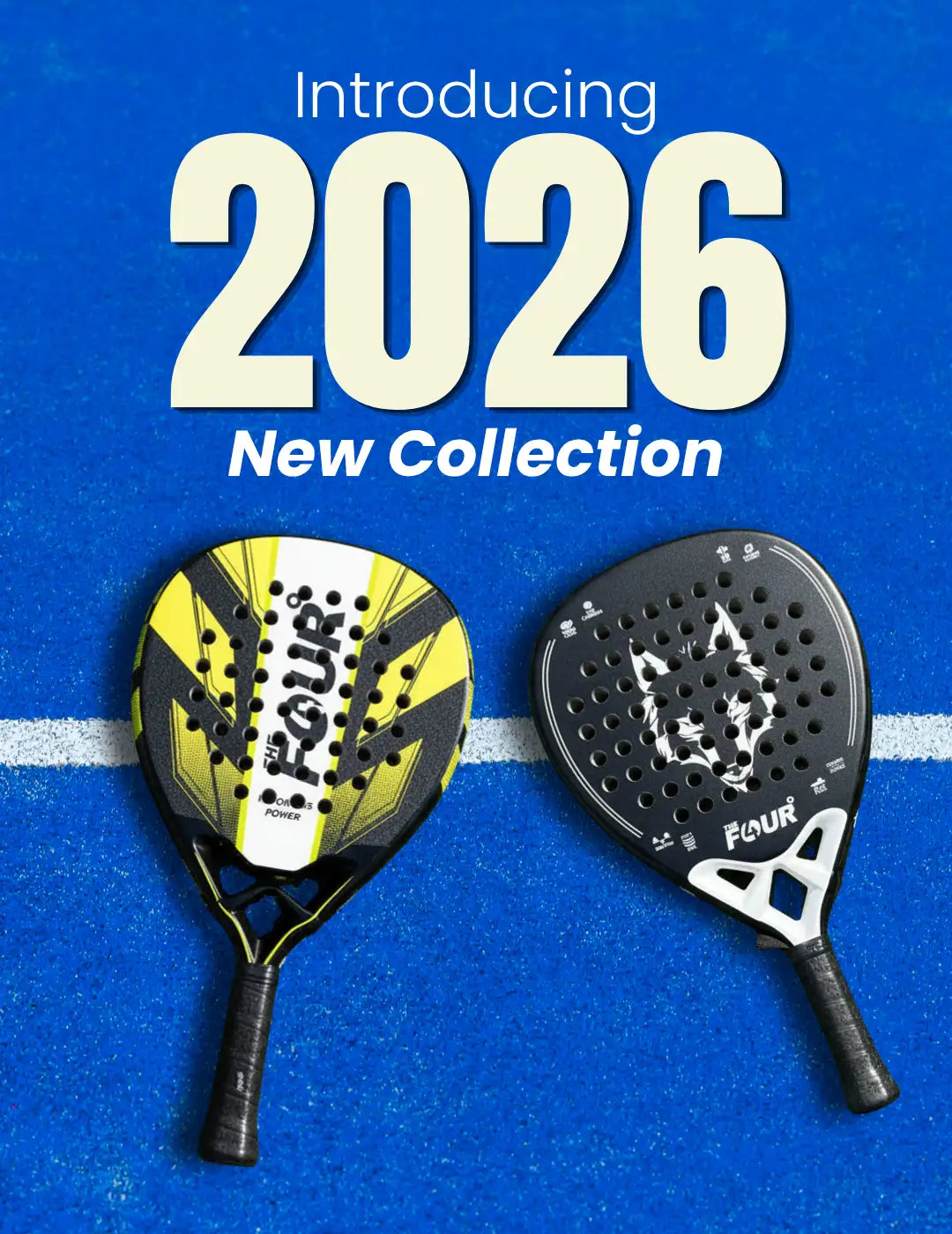 Two paddle rackets on a blue background with 'Introducing 2026 New Collection' text.